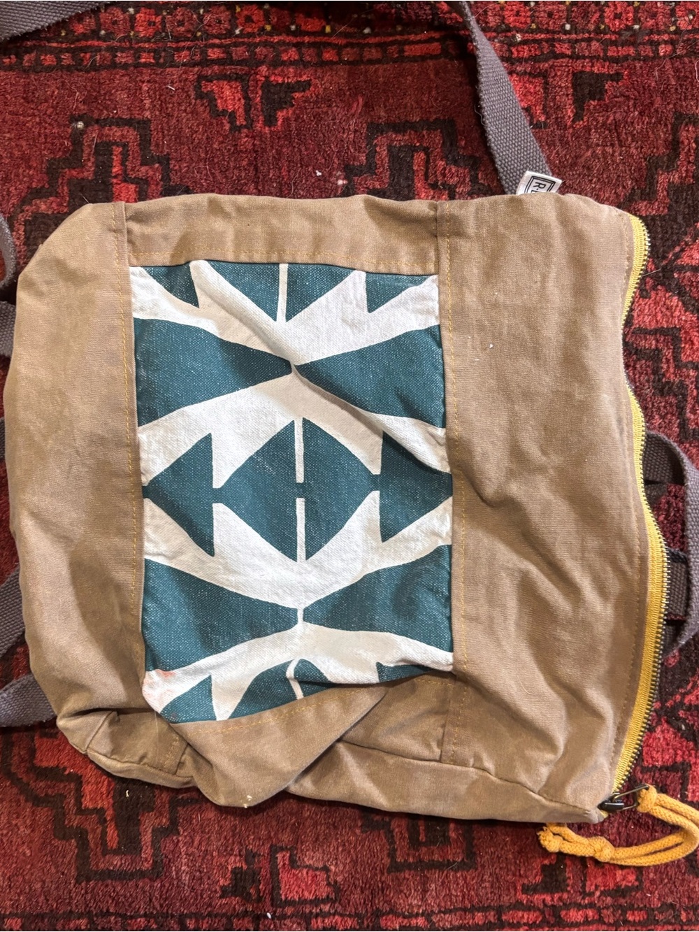Unbranded Women’s Tan Canvas Backpack with Teal Geometric Panel